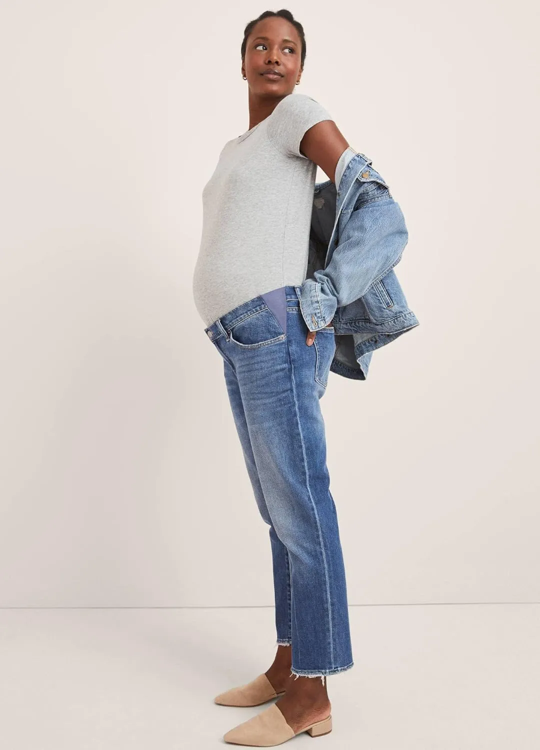 HATCH Maternity Boyfriend Jean - Pregnancy Jeans Straight Leg with Distressed Cuffs - Expandable Waist Under The Belly