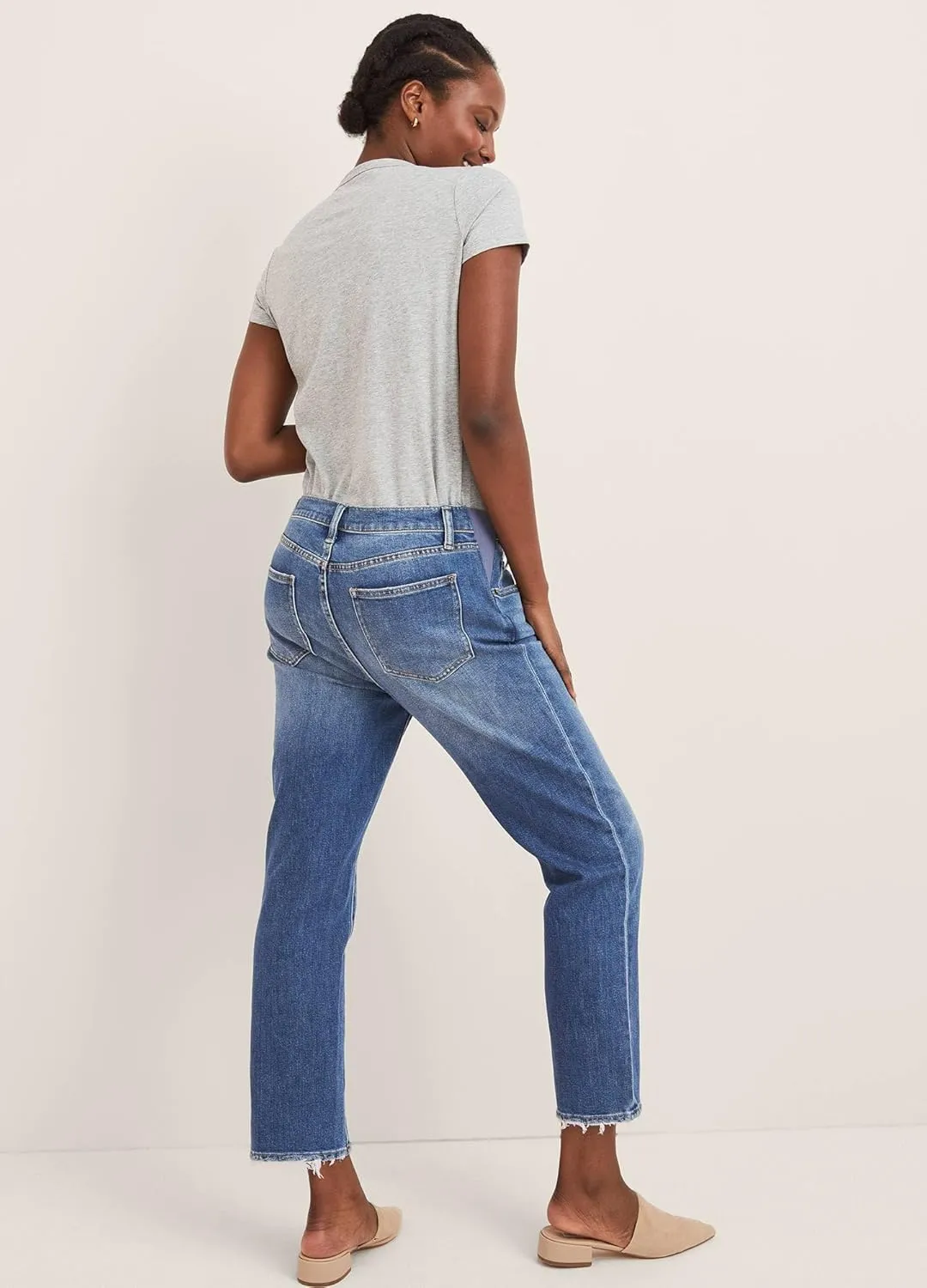 HATCH Maternity Boyfriend Jean - Pregnancy Jeans Straight Leg with Distressed Cuffs - Expandable Waist Under The Belly