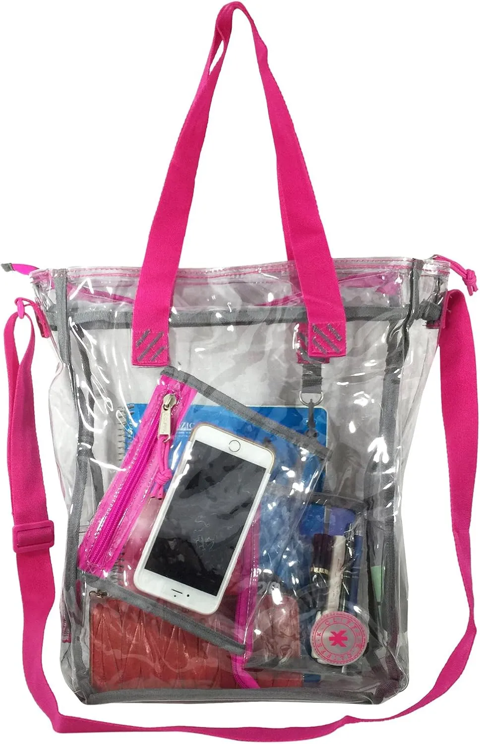 Heavy Duty Clear Tote Bag See Through Messenger Bag Durable 0.5mm Vinyl Transparent Student School Bookbag with Cell Phone Pouch & Pencil / Makeup Case Hot Pink