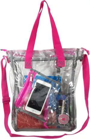 Heavy Duty Clear Tote Bag See Through Messenger Bag Durable 0.5mm Vinyl Transparent Student School Bookbag with Cell Phone Pouch & Pencil / Makeup Case Hot Pink