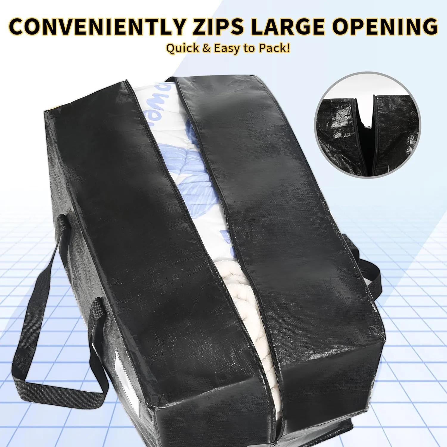 Heavy Duty Extra Large Moving Bags, 58 Gallon Jumbo Packing Bags, Huge Storage Bags With Strong Zippers & Carrying Handles, Reusable Big Totes for College Dorm Travel 1Pack