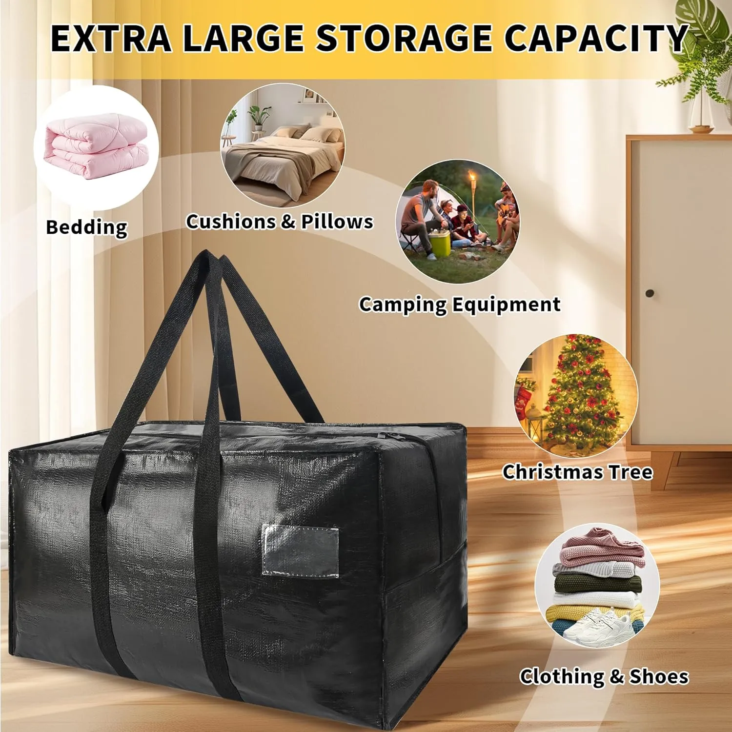 Heavy Duty Extra Large Moving Bags, 58 Gallon Jumbo Packing Bags, Huge Storage Bags With Strong Zippers & Carrying Handles, Reusable Big Totes for College Dorm Travel 1Pack