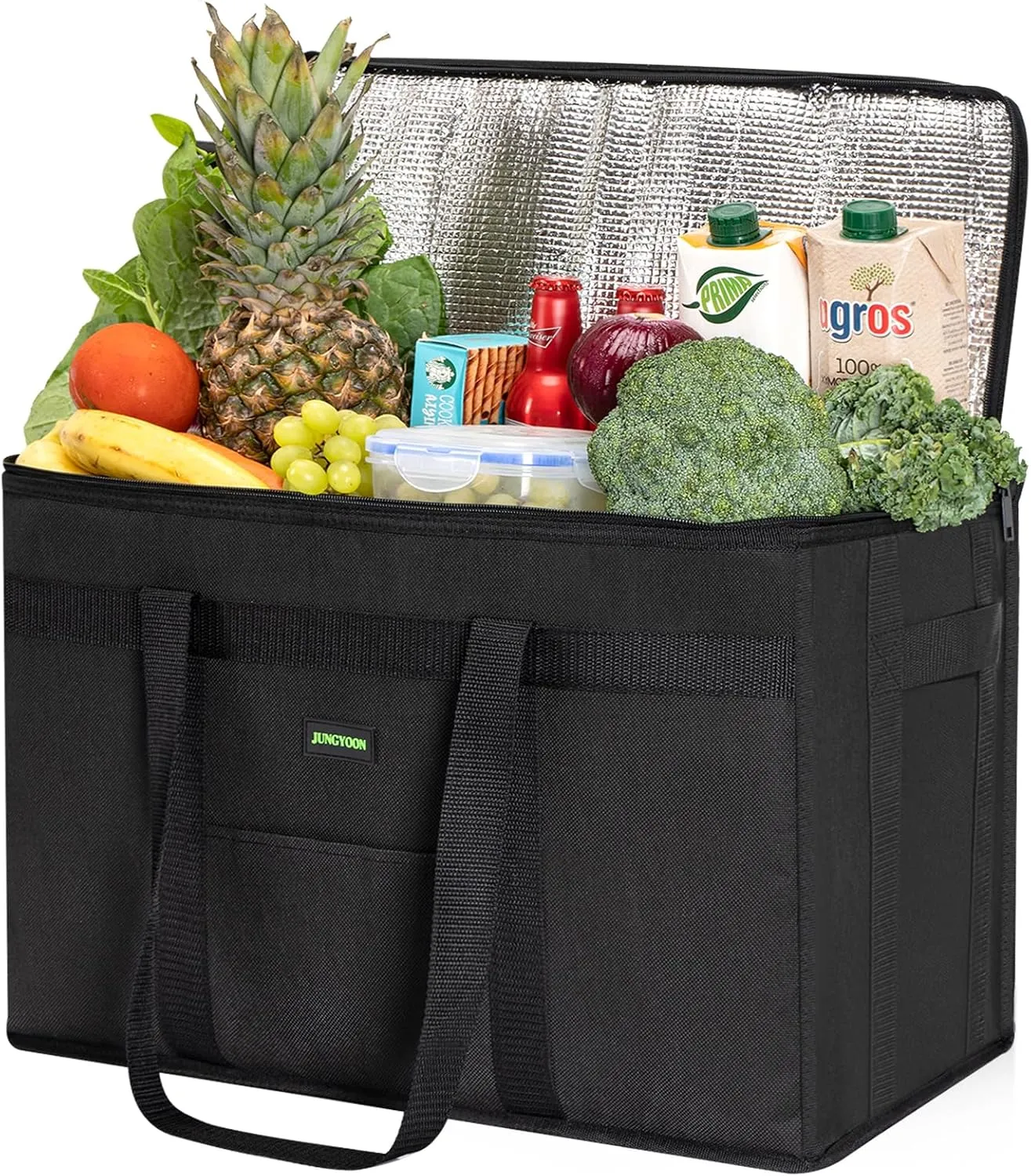 Heavy-Duty Insulated Grocery Bags & Food Delivery Bag – Collapsible Cooler Bag with Zippered Top | Reusable Shopping Bags for Groceries, Picnics, Easy Storage (XXXL Black)