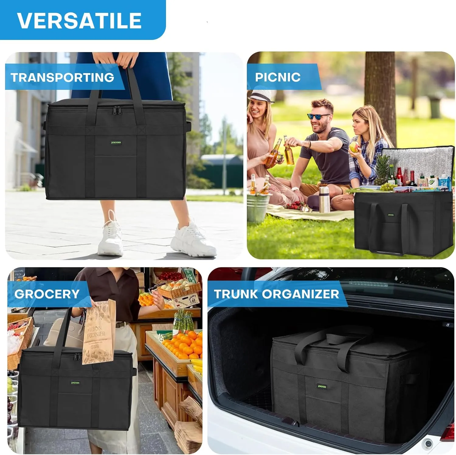 Heavy-Duty Insulated Grocery Bags & Food Delivery Bag – Collapsible Cooler Bag with Zippered Top | Reusable Shopping Bags for Groceries, Picnics, Easy Storage (XXXL Black)