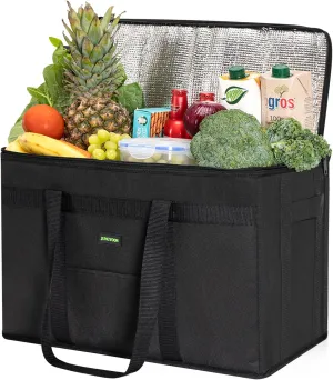 Heavy-Duty Insulated Grocery Bags & Food Delivery Bag – Collapsible Cooler Bag with Zippered Top | Reusable Shopping Bags for Groceries, Picnics, Easy Storage (XXXL Black)