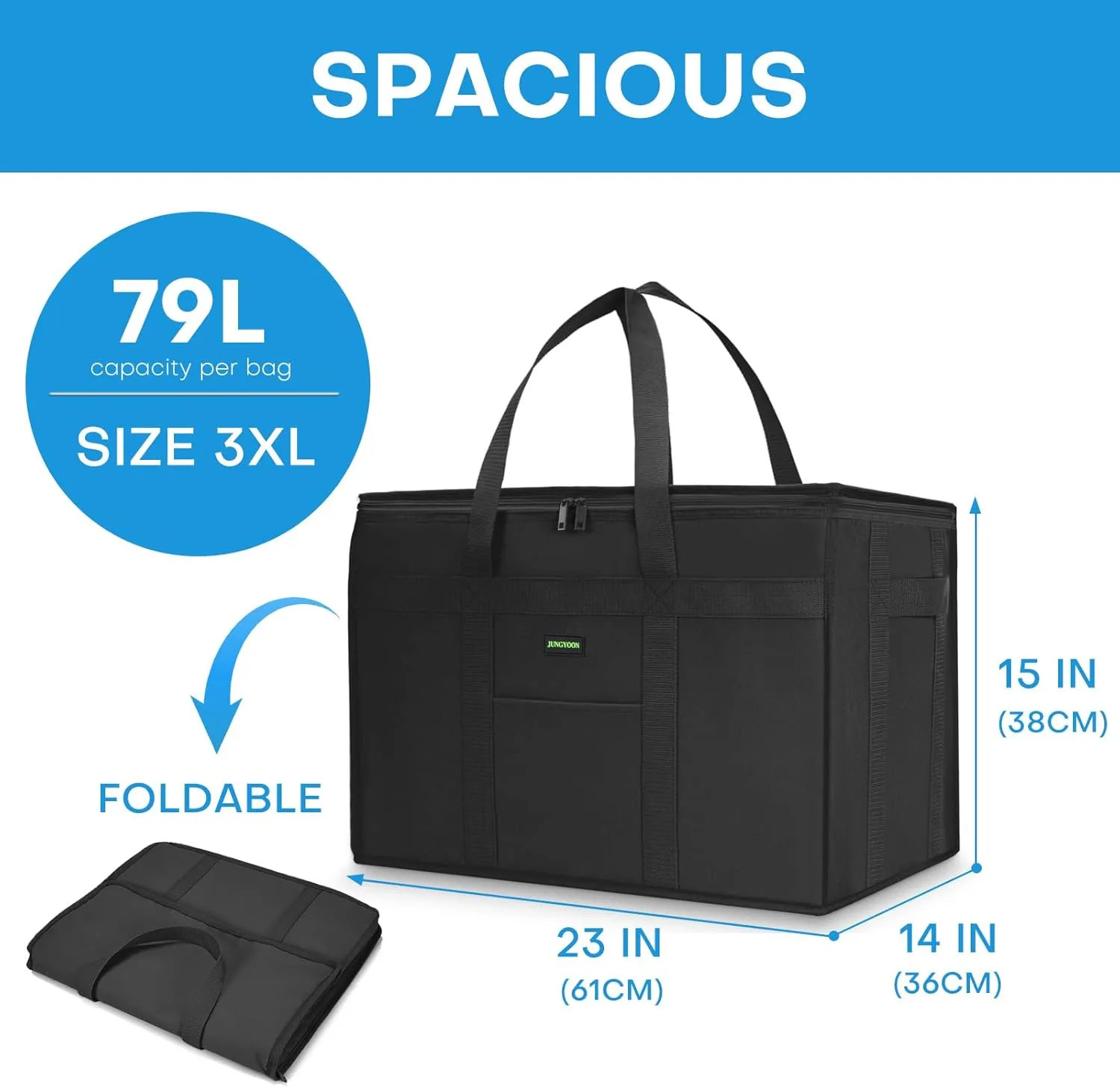 Heavy-Duty Insulated Grocery Bags & Food Delivery Bag – Collapsible Cooler Bag with Zippered Top | Reusable Shopping Bags for Groceries, Picnics, Easy Storage (XXXL Black)