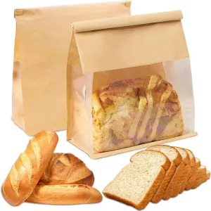 Heavy Duty Large Kraft Paper Bread Bags with Tin Tie Tab Lock 100pcs, Loaf Bag with Clear Front Window, Storage Packaging Treat Bag for Bakery Cafe Homemade Bread 10.6” × 4.3” × 8.7”