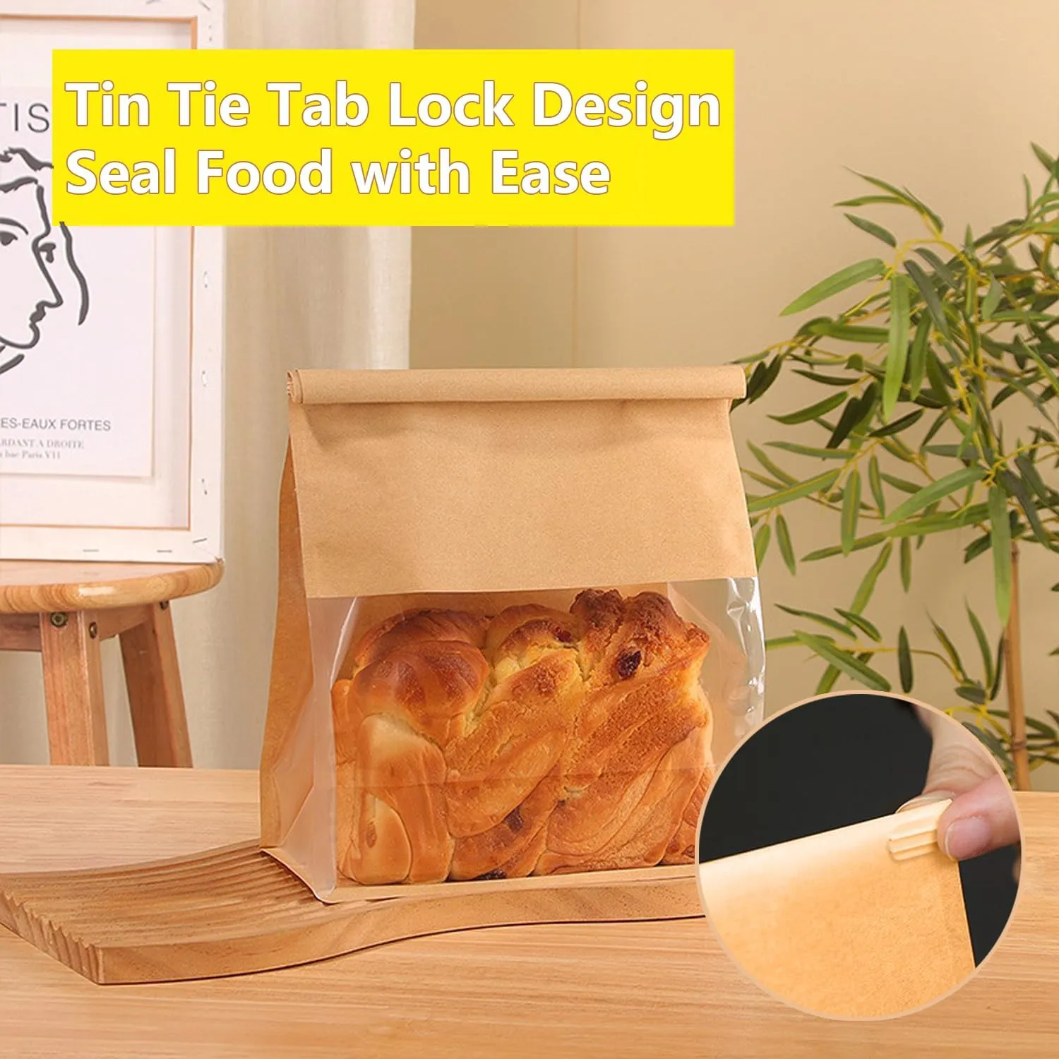 Heavy Duty Large Kraft Paper Bread Bags with Tin Tie Tab Lock 100pcs, Loaf Bag with Clear Front Window, Storage Packaging Treat Bag for Bakery Cafe Homemade Bread 10.6” × 4.3” × 8.7”