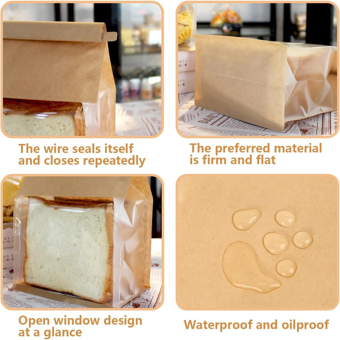 Heavy Duty Large Kraft Paper Bread Bags with Tin Tie Tab Lock 100pcs, Loaf Bag with Clear Front Window, Storage Packaging Treat Bag for Bakery Cafe Homemade Bread 10.6” × 4.3” × 8.7”