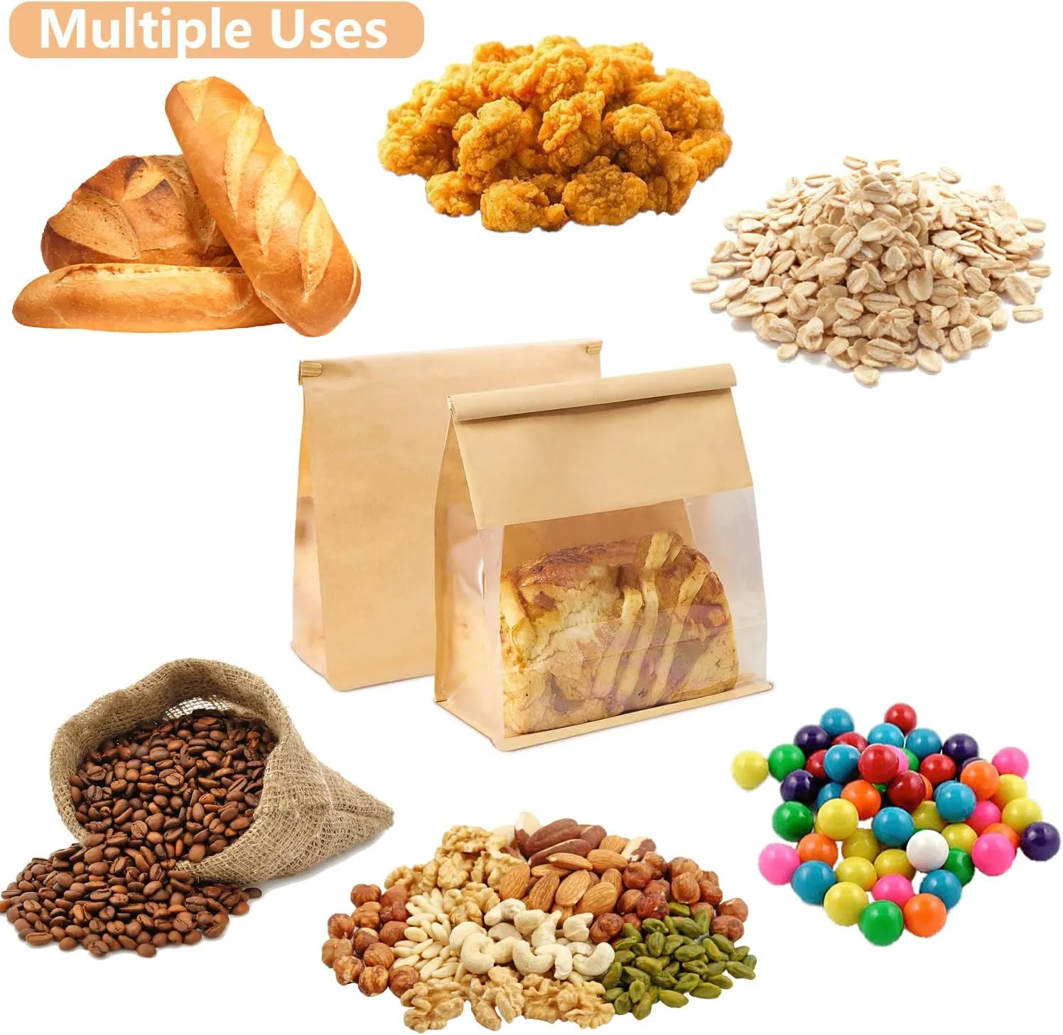 Heavy Duty Large Kraft Paper Bread Bags with Tin Tie Tab Lock 100pcs, Loaf Bag with Clear Front Window, Storage Packaging Treat Bag for Bakery Cafe Homemade Bread 10.6” × 4.3” × 8.7”