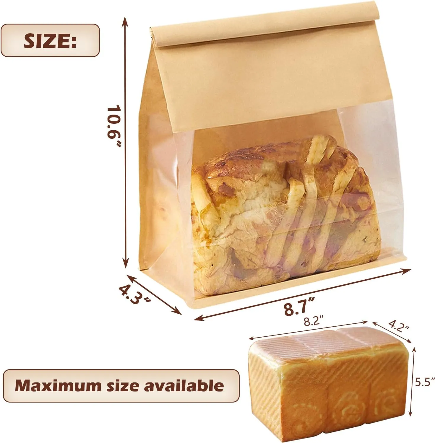 Heavy Duty Large Kraft Paper Bread Bags with Tin Tie Tab Lock 100pcs, Loaf Bag with Clear Front Window, Storage Packaging Treat Bag for Bakery Cafe Homemade Bread 10.6” × 4.3” × 8.7”