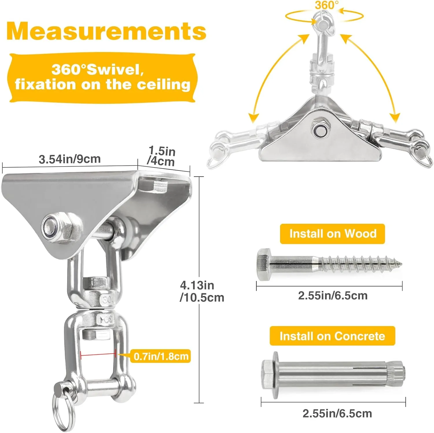 Heavy Duty Swing Hangers for Wooden Sets with Latch Hook Free 2 Sets 2000 LB Capacity 360 Swivel Stainless Steel Swing Hardware for Porch/Playground/Yoga/Heavy Bag