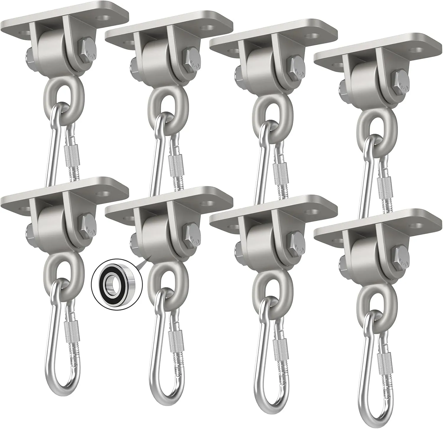Heavy Duty Swing Hangers with Bearing, Porch Swing Hanging Kit for Outdoor Playground Tree Indoor Ceiling Mount Hardware Brackets with Snap Hooks for Yoga Hammock Punching Bag Accessories 8PCS Silver