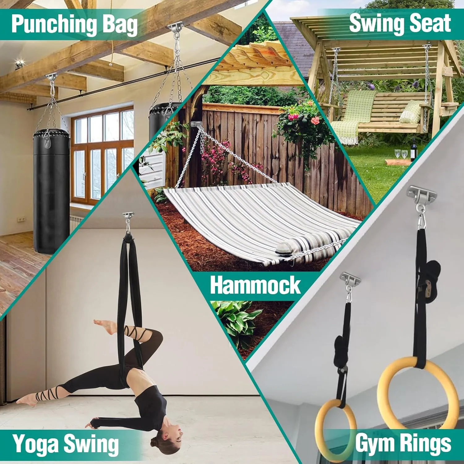 Heavy Duty Swing Hangers with Bearing, Porch Swing Hanging Kit for Outdoor Playground Tree Indoor Ceiling Mount Hardware Brackets with Snap Hooks for Yoga Hammock Punching Bag Accessories 8PCS Silver