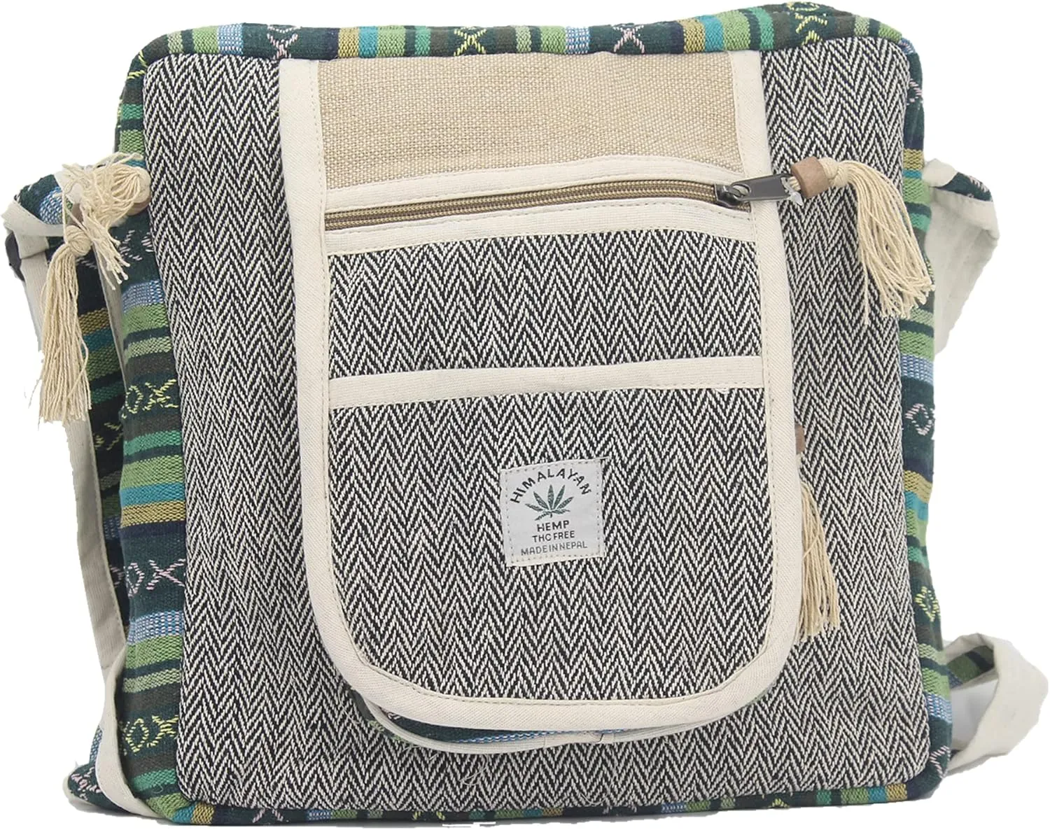 Hemp Crossbody Messenger Bag - Unisex Market Tote for Men & Women - Lightweight, Cotton, Side Bags - 4 Compartments with Zipper - Handmade in Nepal