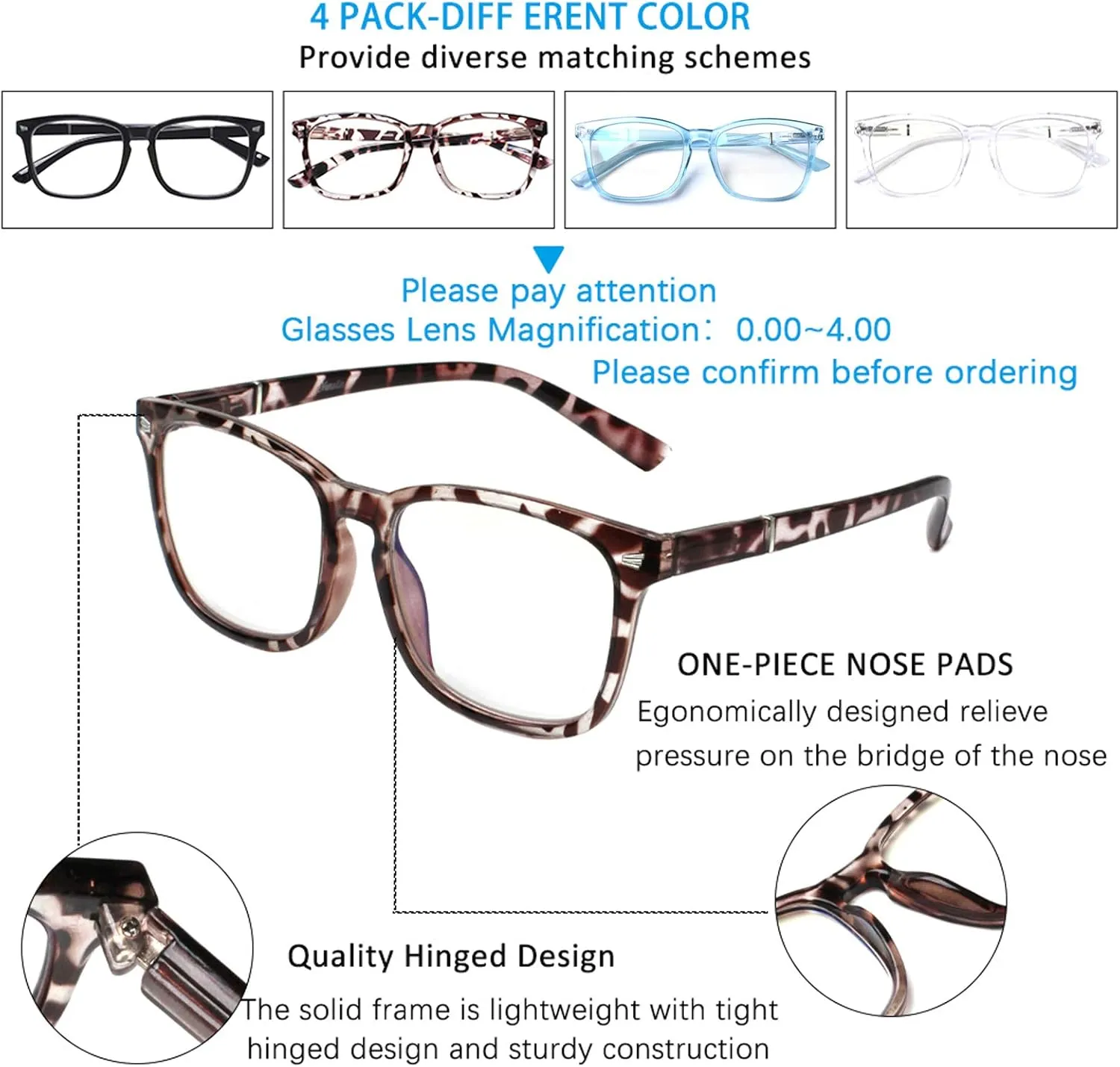 Henotin 4-Pack Blue Light Blocking Reading Glasses Women Men,Spring Hinge Computer Readers,Anti UV Ray Square Nerd Eyeglasses (4 pack Mix Color, 0.00, Diopters)