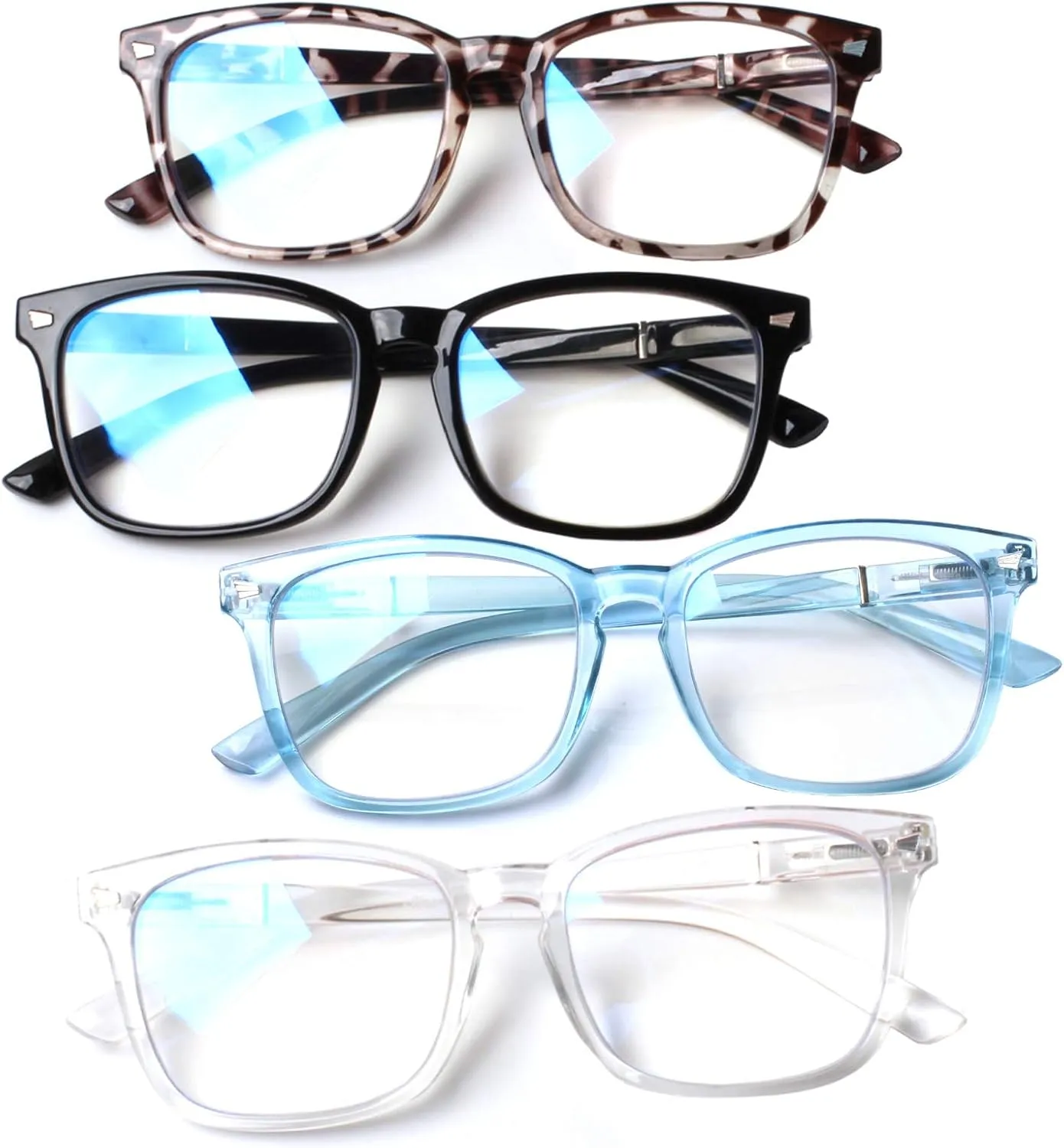 Henotin 4-Pack Blue Light Blocking Reading Glasses Women Men,Spring Hinge Computer Readers,Anti UV Ray Square Nerd Eyeglasses (4 pack Mix Color, 0.00, Diopters)