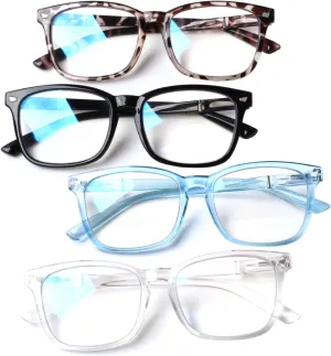 Henotin 4-Pack Blue Light Blocking Reading Glasses Women Men,Spring Hinge Computer Readers,Anti UV Ray Square Nerd Eyeglasses (4 pack Mix Color, 0.00, Diopters)