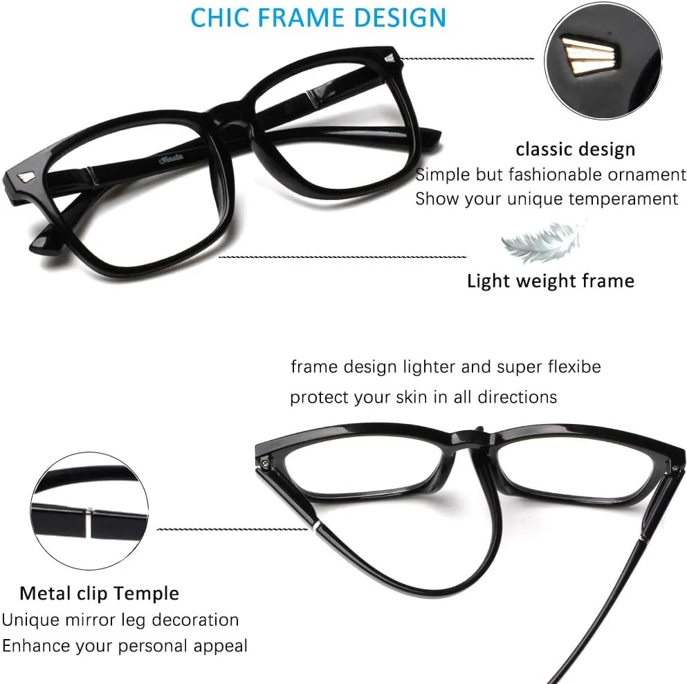 Henotin 4-Pack Blue Light Blocking Reading Glasses Women Men,Spring Hinge Computer Readers,Anti UV Ray Square Nerd Eyeglasses (Mixed Color, 0.00, Diopters)