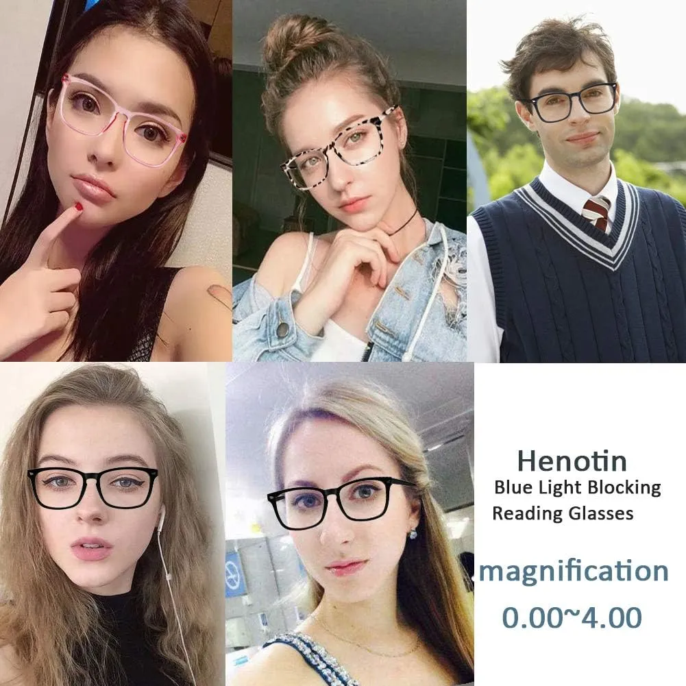 Henotin 4-Pack Blue Light Blocking Reading Glasses Women Men,Spring Hinge Computer Readers,Anti UV Ray Square Nerd Eyeglasses (Mixed Color, 0.00, Diopters)