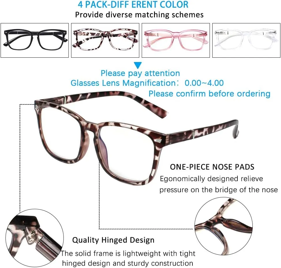 Henotin 4-Pack Blue Light Blocking Reading Glasses Women Men,Spring Hinge Computer Readers,Anti UV Ray Square Nerd Eyeglasses (Mixed Color, 0.00, Diopters)