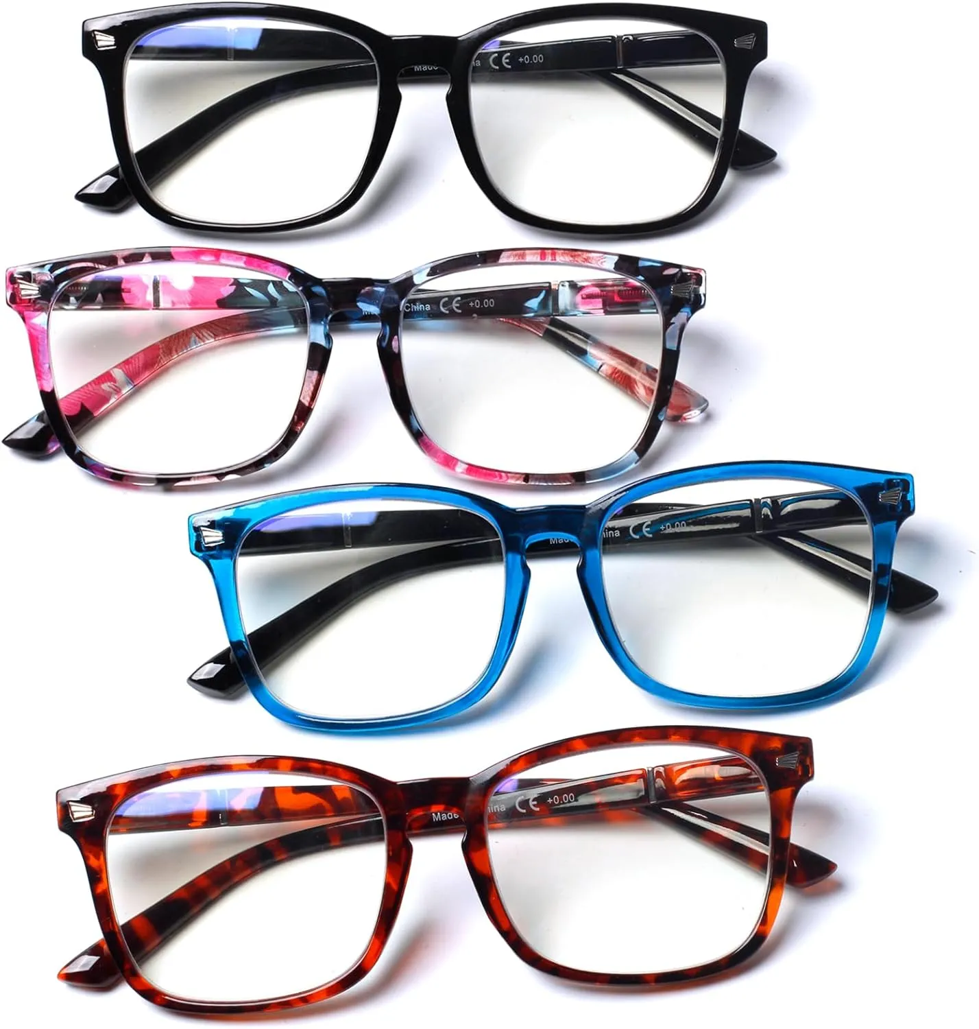 Henotin 4-Pack Blue Light Blocking Reading Glasses Women Men,Spring Hinge Computer Readers,Anti UV Ray Square Nerd Eyeglasses (Mixed Color-C, 0.00)