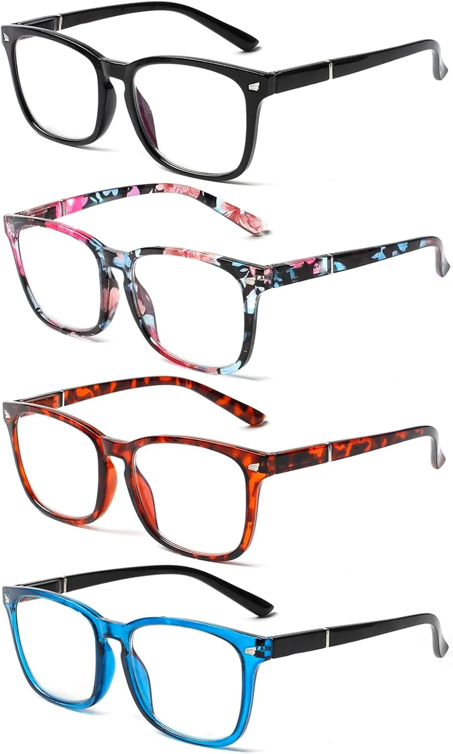 Henotin 4-Pack Blue Light Blocking Reading Glasses Women Men,Spring Hinge Computer Readers,Anti UV Ray Square Nerd Eyeglasses (Mixed Color-C, 0.00)