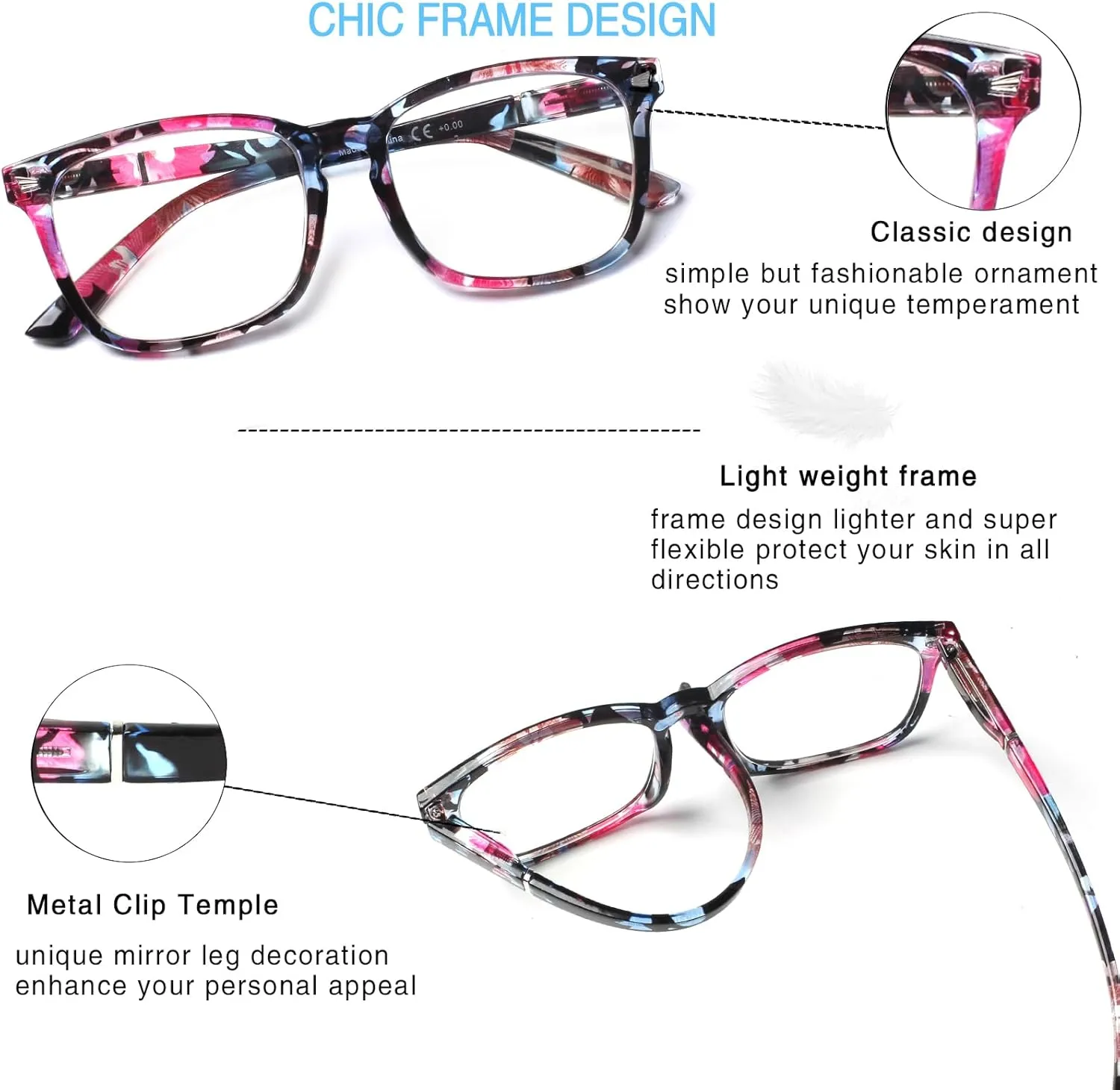 Henotin 4-Pack Blue Light Blocking Reading Glasses Women Men,Spring Hinge Computer Readers,Anti UV Ray Square Nerd Eyeglasses (Mixed Color-C, 0.00)