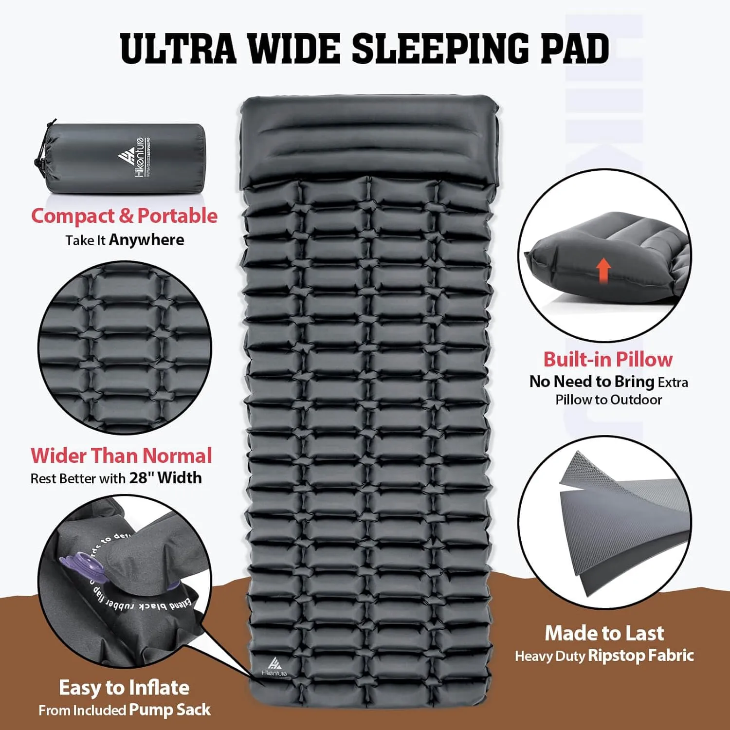 Hikenture Sleeping Pad for Camping, 28" Ultra-Wide Camping Mattress with Pillow, Inflatable Backpacking Mat(1154-A2)