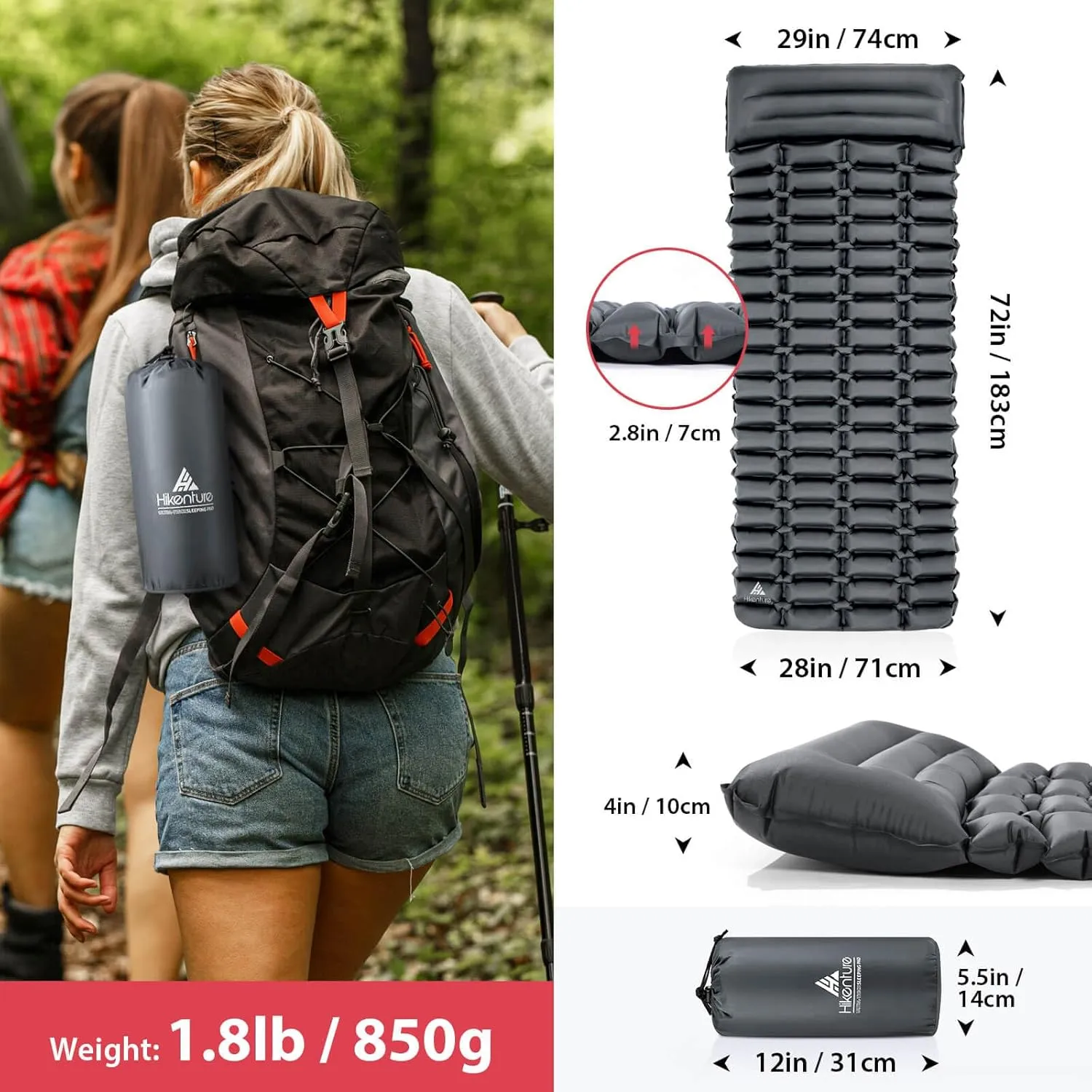 Hikenture Sleeping Pad for Camping, 28" Ultra-Wide Camping Mattress with Pillow, Inflatable Backpacking Mat(1154-A2)