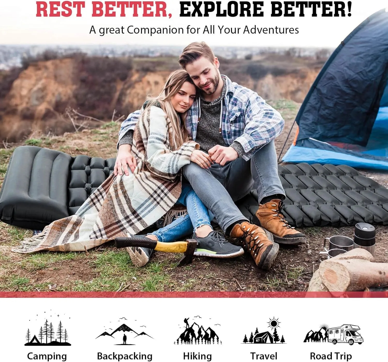 Hikenture Sleeping Pad for Camping, 28" Ultra-Wide Camping Mattress with Pillow, Inflatable Backpacking Mat(1154-A2)