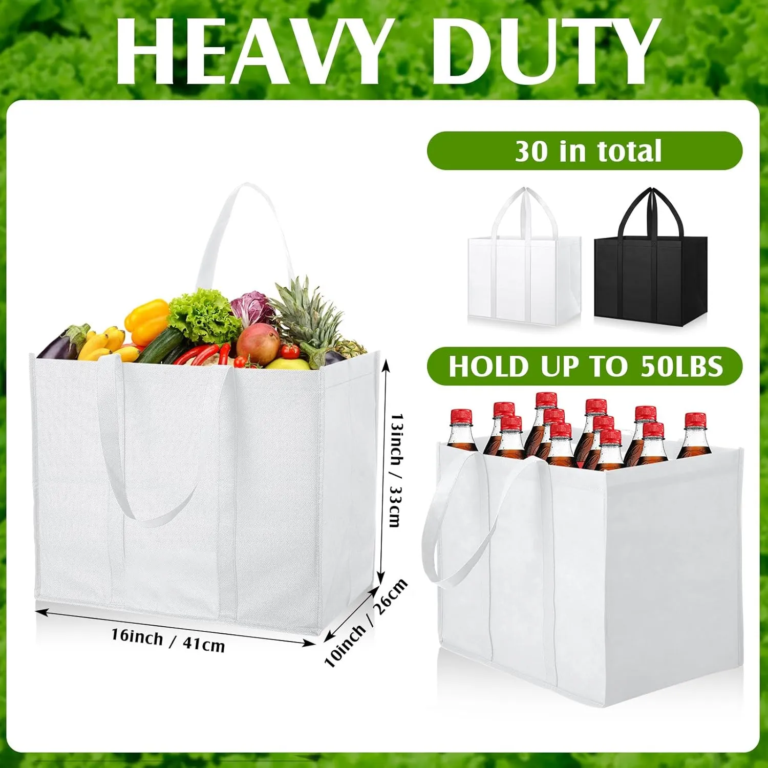Hillban 30 Pack Reusable Grocery Bags Bulk Large Shopping Bags Washable Foldable Heavy Duty Totes Storage Bags with handles