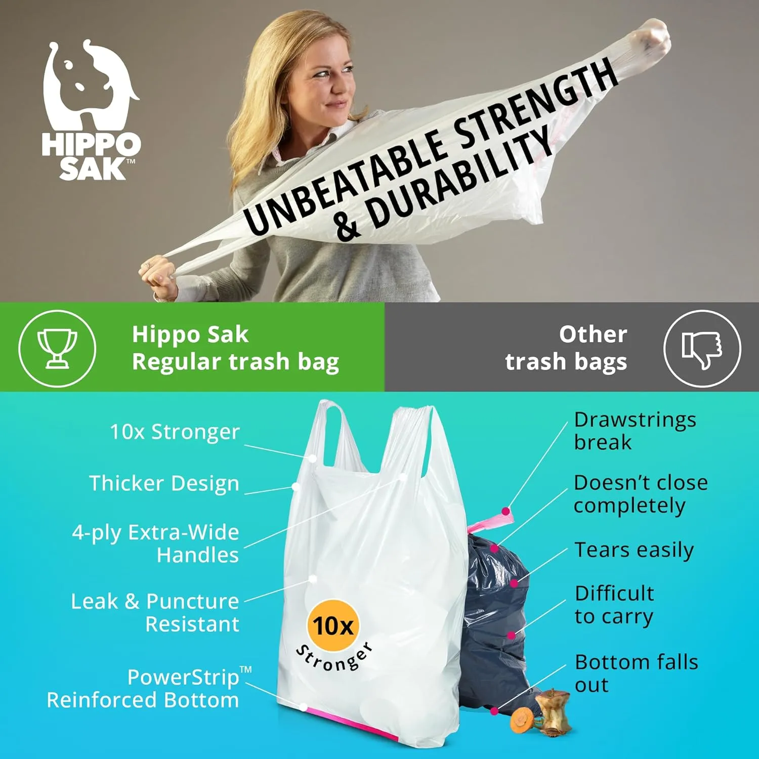 Hippo Sak - Tall Kitchen Garbage Bags with Ergonomic Handles - 13 Gallon Trash Bags - Super Strong Patented Reinforced Bottom and Leak Proof Tall Kitchen Trash Bags - Heavy Duty Trash Bags (270 Count)