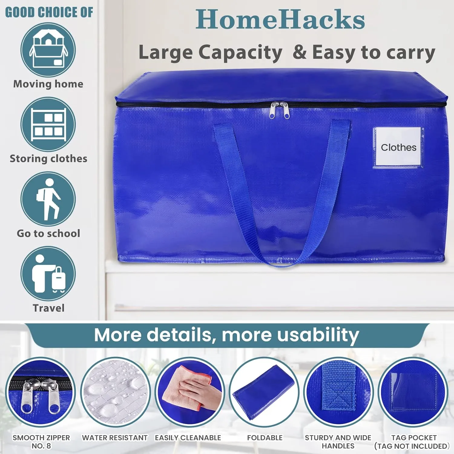 HomeHacks Moving Bags Heavy Duty with Strong Zippers and Handles Collapsible Moving Supplies, Storage Totes for Packing & Moving Storing 125L,6-Pack, Blue