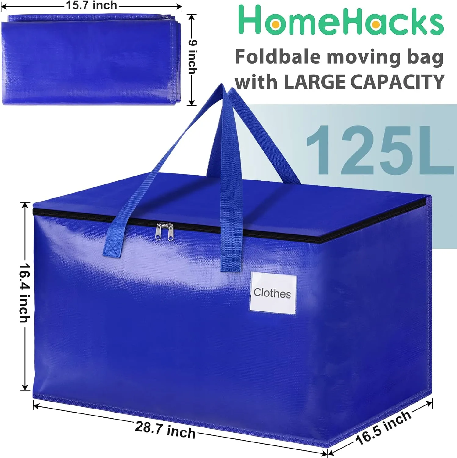 HomeHacks Moving Bags Heavy Duty with Strong Zippers and Handles Collapsible Moving Supplies, Storage Totes for Packing & Moving Storing 125L,6-Pack, Blue