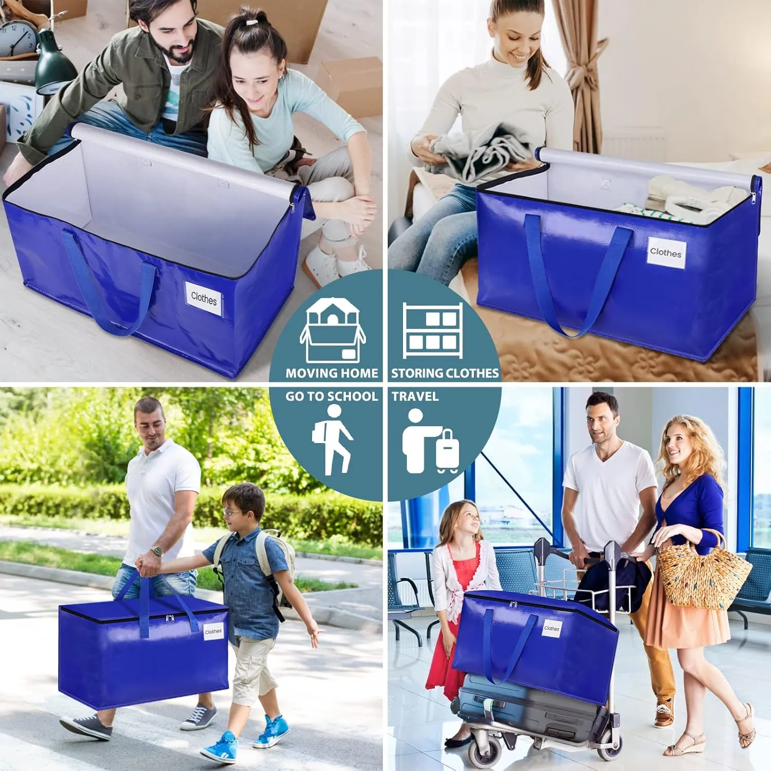 HomeHacks Moving Bags Heavy Duty with Strong Zippers and Handles Collapsible Moving Supplies, Storage Totes for Packing & Moving Storing 125L,6-Pack, Blue