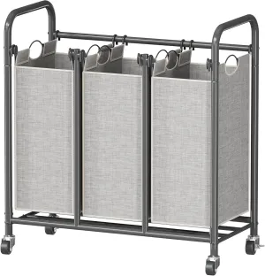 HOMEIJU 3-Bag Laundry Sorter, Laundry Hamper Cart with Heavy Duty Rolling Lockable Wheels and Removable Bags, Laundry Organizer Basket Clothes Separator Hamper, Grey, Large, KJ3009