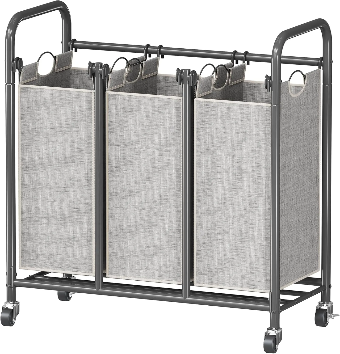 HOMEIJU 3-Bag Laundry Sorter, Laundry Hamper Cart with Heavy Duty Rolling Lockable Wheels and Removable Bags, Laundry Organizer Basket Clothes Separator Hamper, Grey, Large, KJ3009