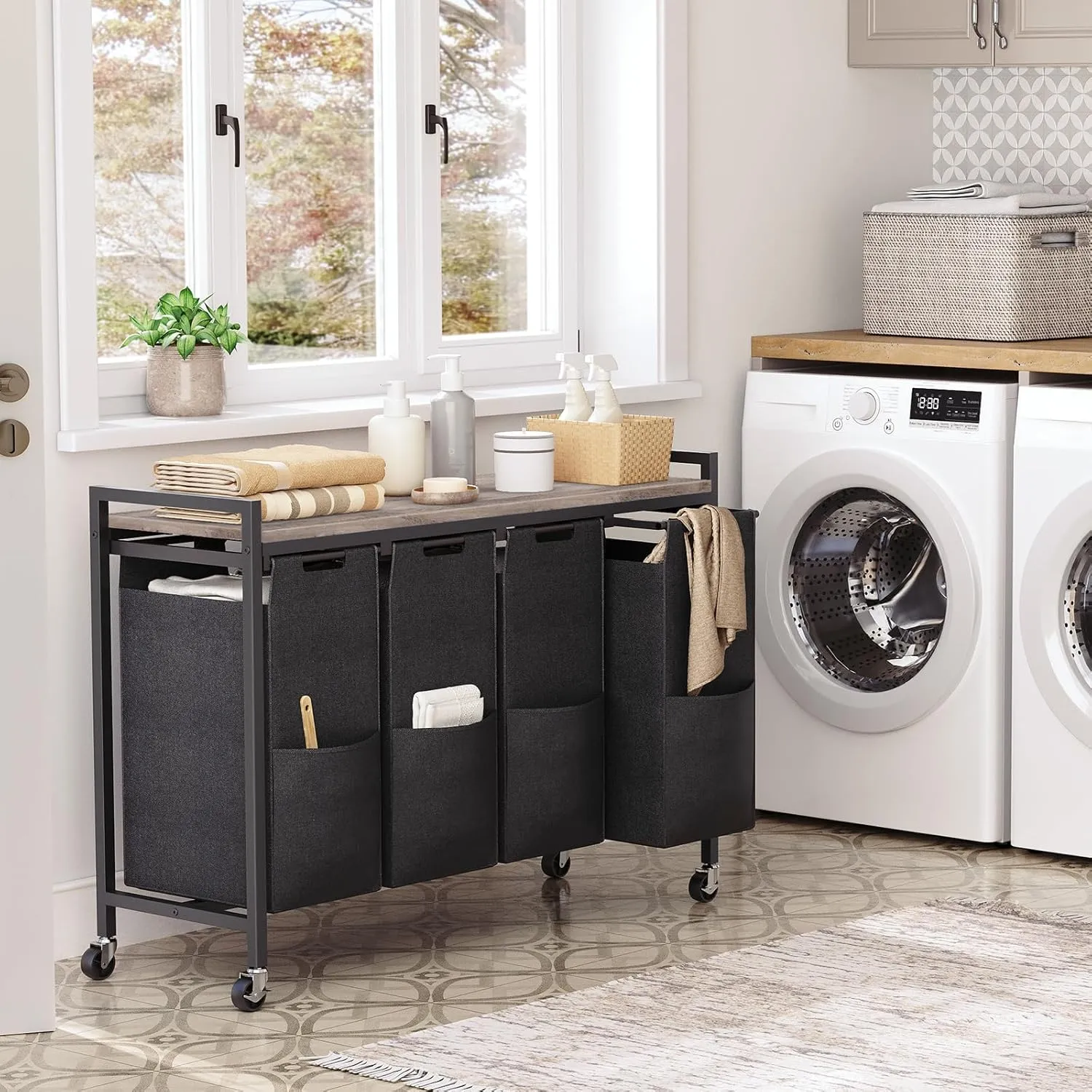 HOOBRO Laundry Sorter 4 Sections, Laundry Hamper with Wheels, 4 × 10.5 Gal (39.8L), Rolling Laundry Basket, Pull-Out and Removable Oxford Fabric Bags, Greige and Black BG04XY01