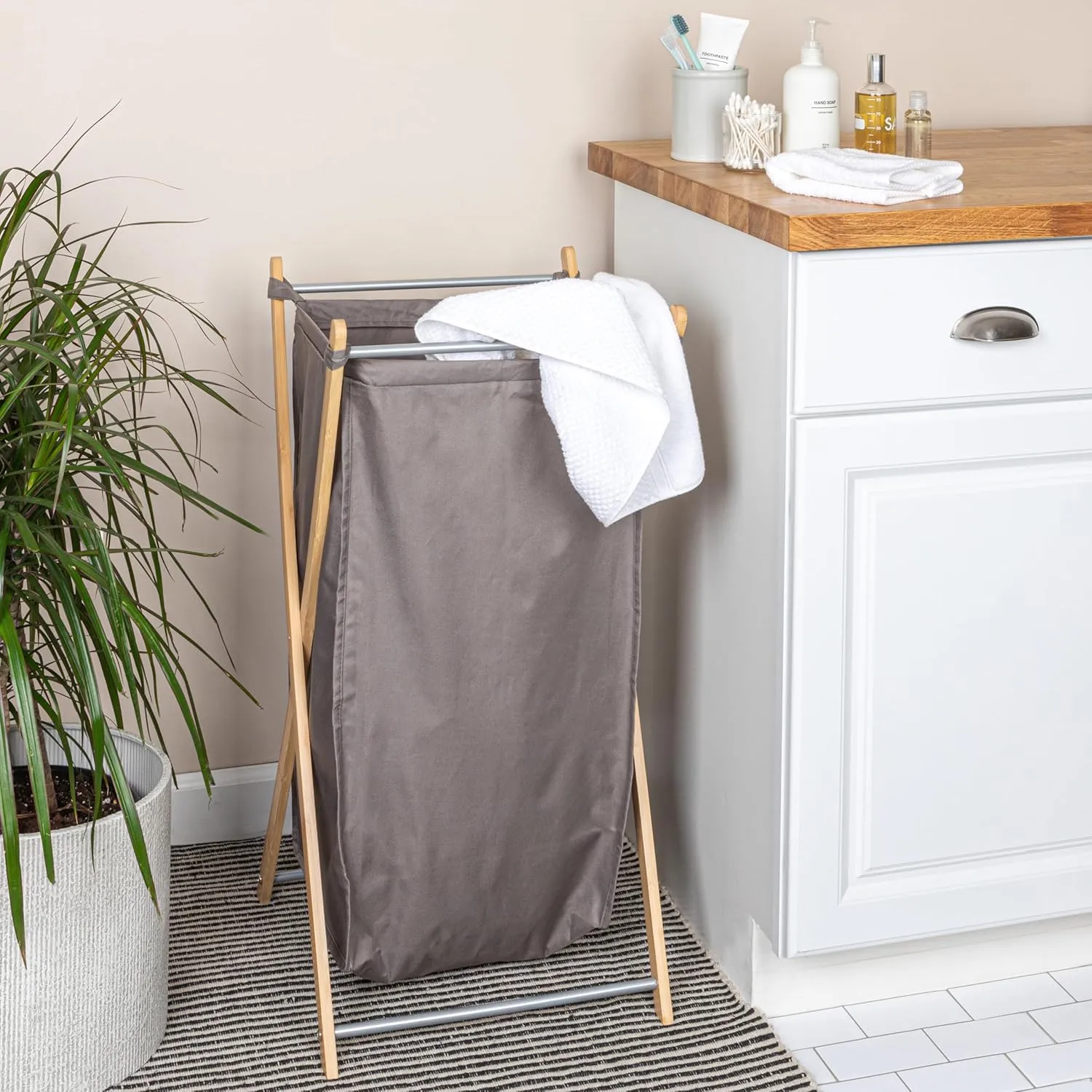 Household Essentials X-Frame Bamboo Laundry, Collapsible Wood Frame with Washable Poly-Cotton Bags