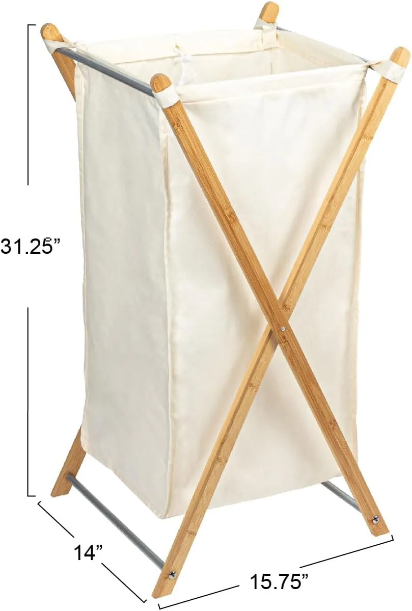 Household Essentials X-Frame Bamboo Laundry, Collapsible Wood Frame with Washable Poly-Cotton Bags