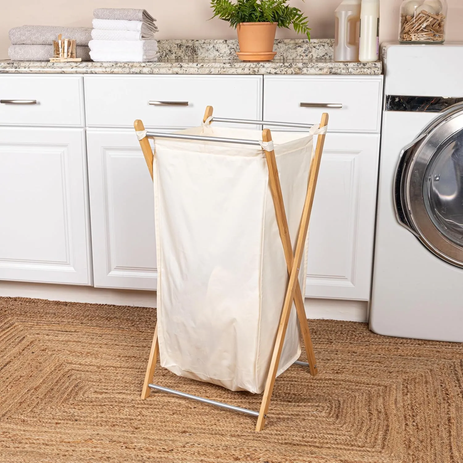 Household Essentials X-Frame Bamboo Laundry, Collapsible Wood Frame with Washable Poly-Cotton Bags