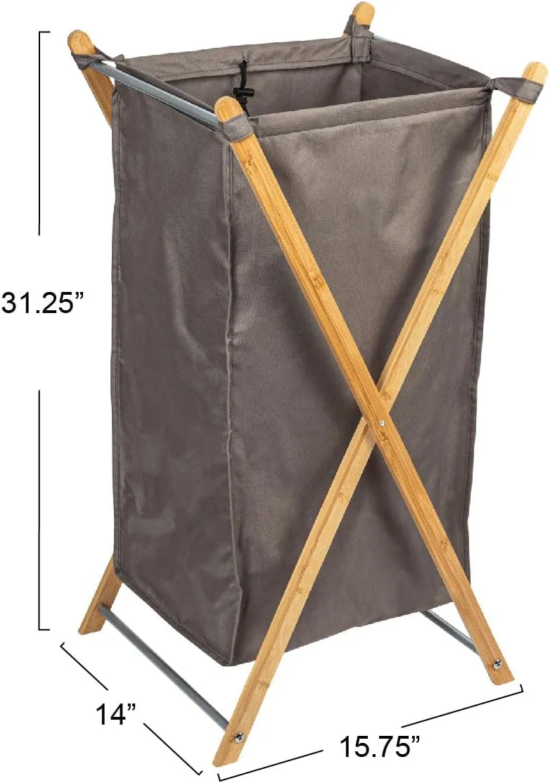 Household Essentials X-Frame Bamboo Laundry, Collapsible Wood Frame with Washable Poly-Cotton Bags