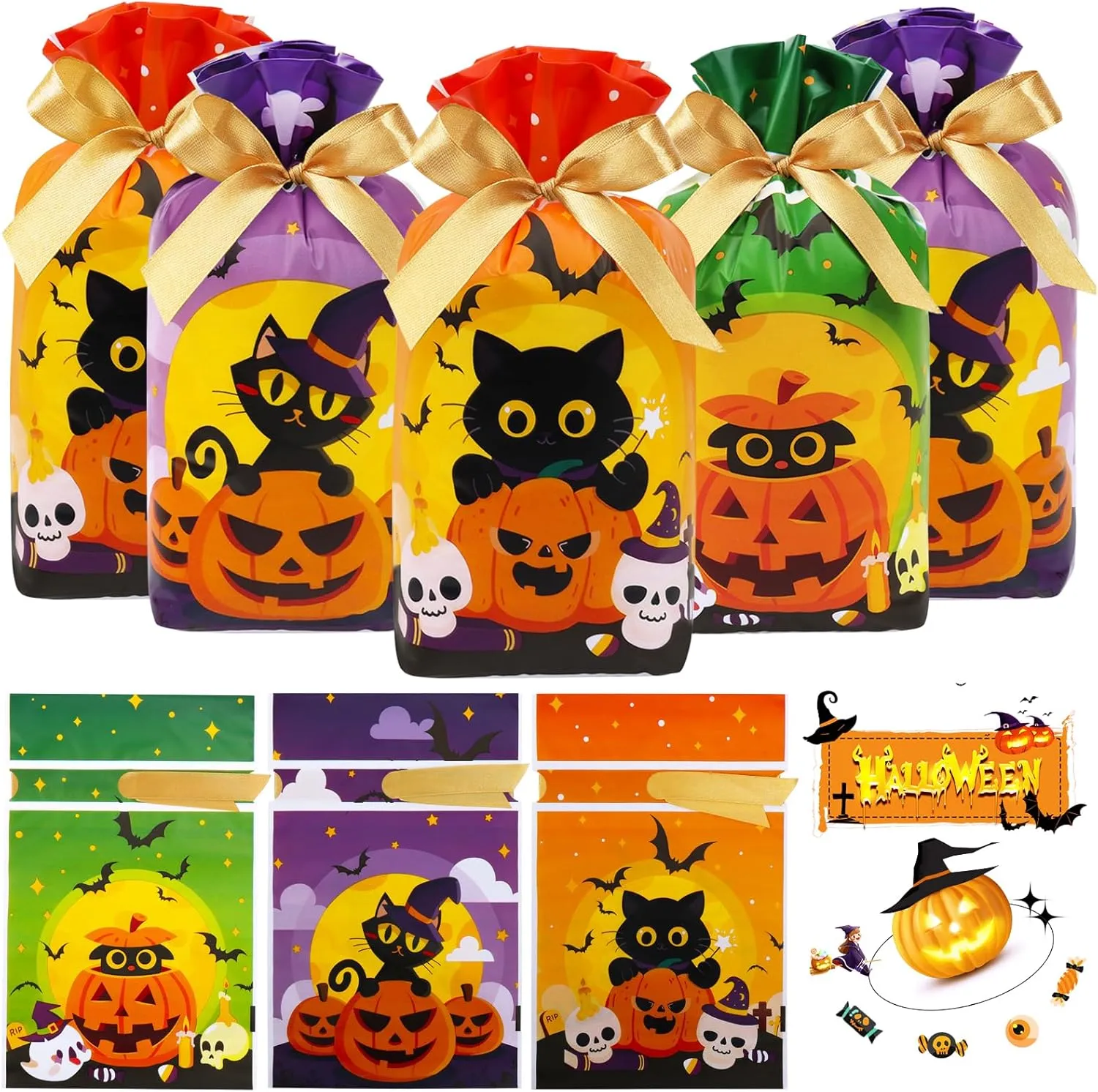 HRX Package 50pcs Halloween Treat Bags, 5.8x9x2.4 inch Drawstring Candy Goodie Bags for Trick or Treat