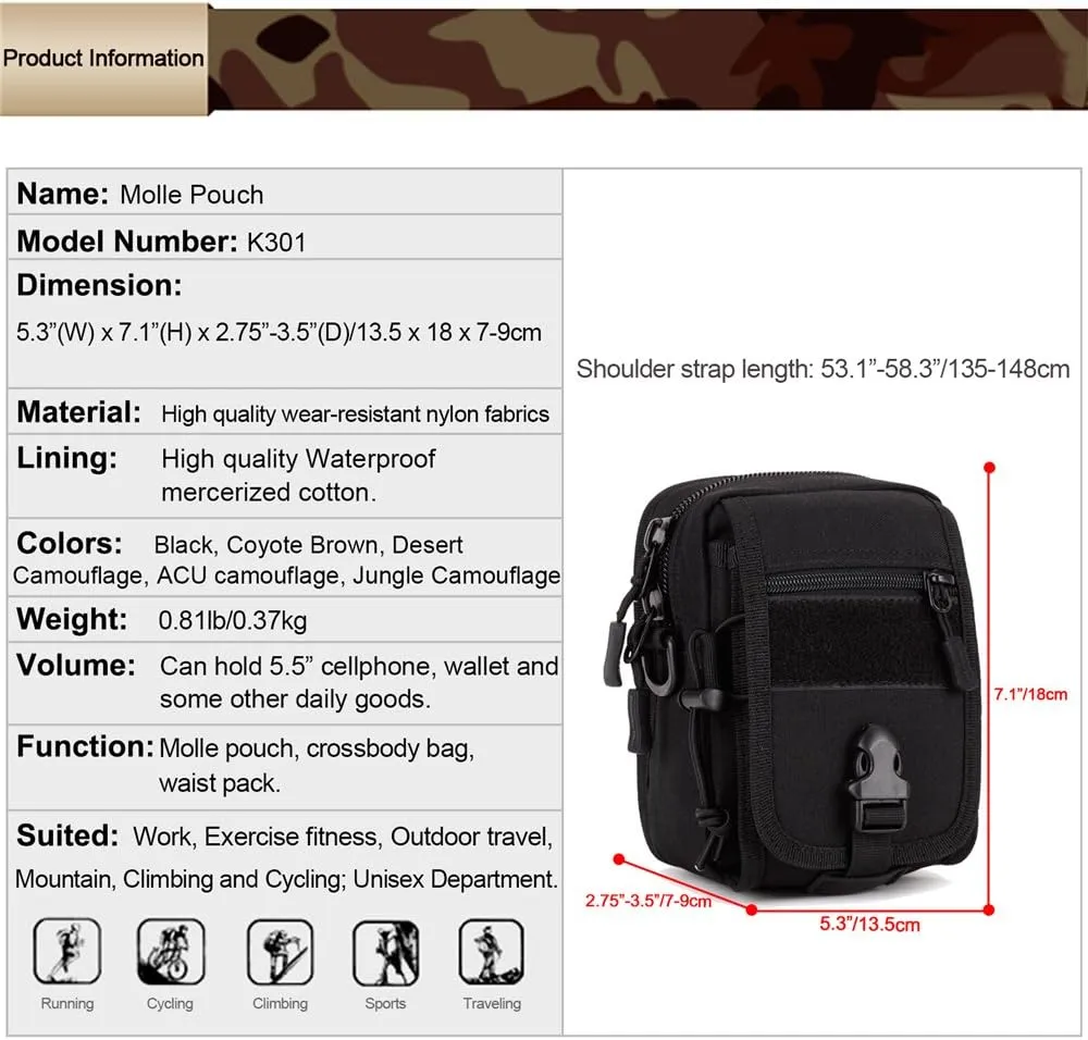 Huntvp Military Tactical MOLLE Phone Pouch Waist Belt Bag Pack Gear Messenger Shoulder Saddlebag