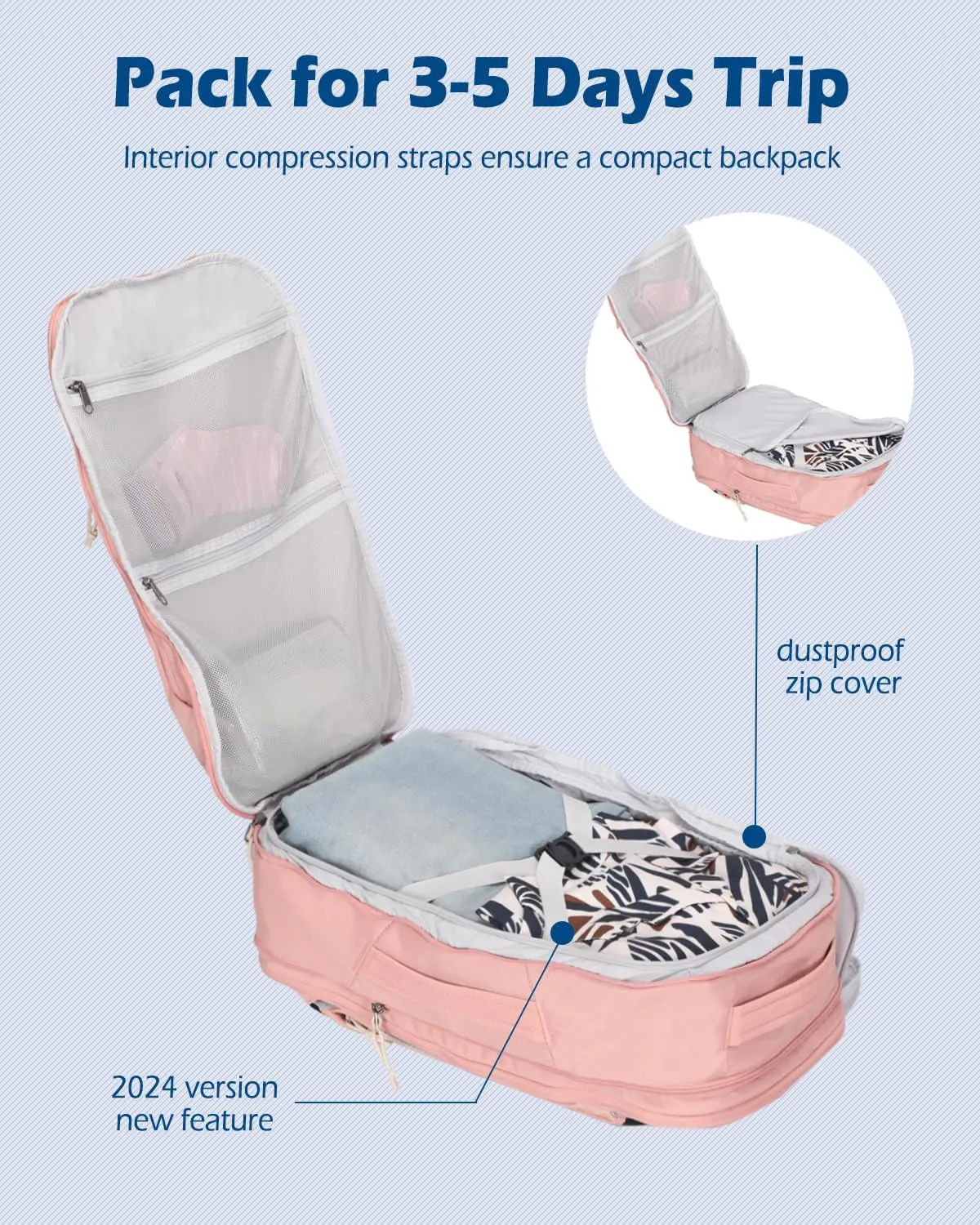 Hynes Eagle TSA Friendly Travel Backpack for Men Women Carry on Backpack 40L Flight Approved Laptop Backpack for 17 inches Compressible Weekender Bag Overnight Backpack Pink