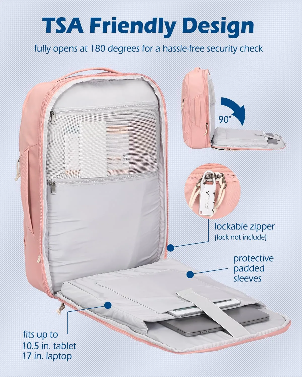 Hynes Eagle TSA Friendly Travel Backpack for Men Women Carry on Backpack 40L Flight Approved Laptop Backpack for 17 inches Compressible Weekender Bag Overnight Backpack Pink