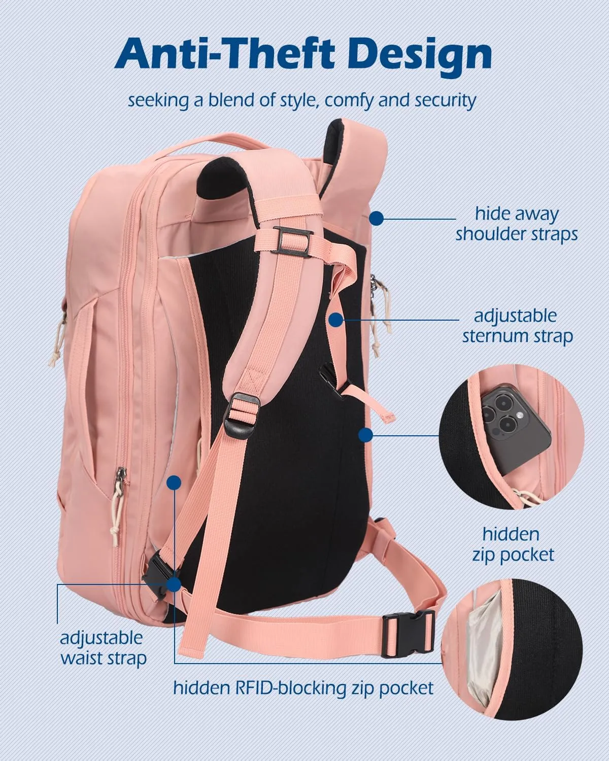 Hynes Eagle TSA Friendly Travel Backpack for Men Women Carry on Backpack 40L Flight Approved Laptop Backpack for 17 inches Compressible Weekender Bag Overnight Backpack Pink