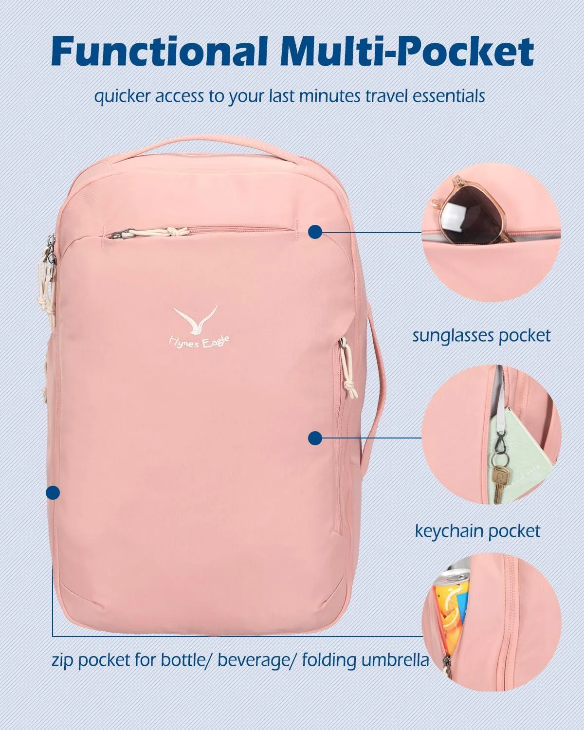 Hynes Eagle TSA Friendly Travel Backpack for Men Women Carry on Backpack 40L Flight Approved Laptop Backpack for 17 inches Compressible Weekender Bag Overnight Backpack Pink