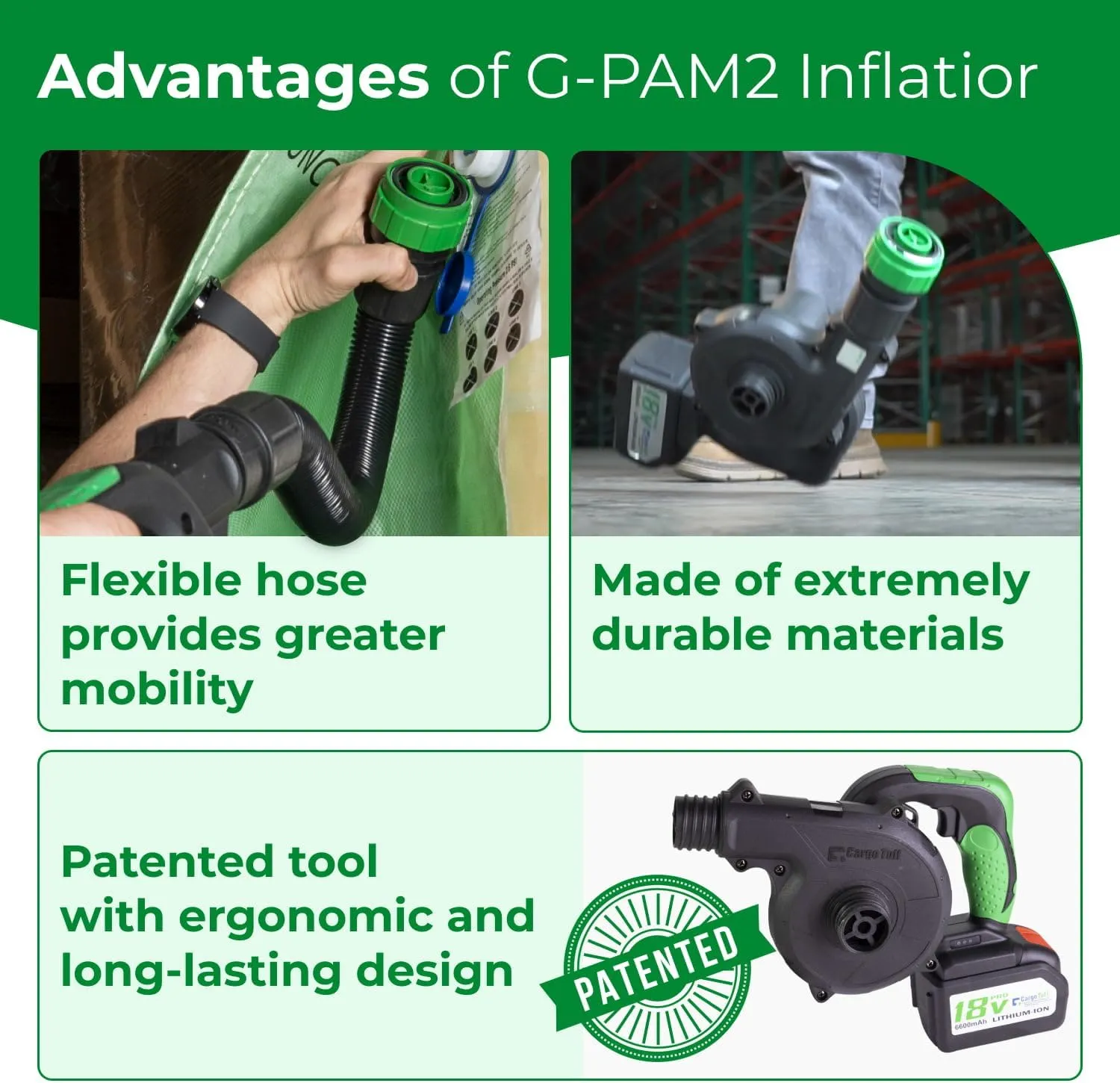 IDL Packaging G-PAM2 Inflation Tool for CargoTuff Dunnage Bags, Battery Powered, Portable - Powerful Inflator Tool with Rechargeable Batteries - Specially Made to Inflate Dunnage AirBags, Black